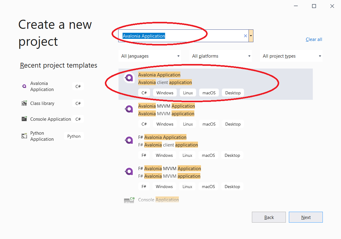 Choosing Avalonia Application Project Type