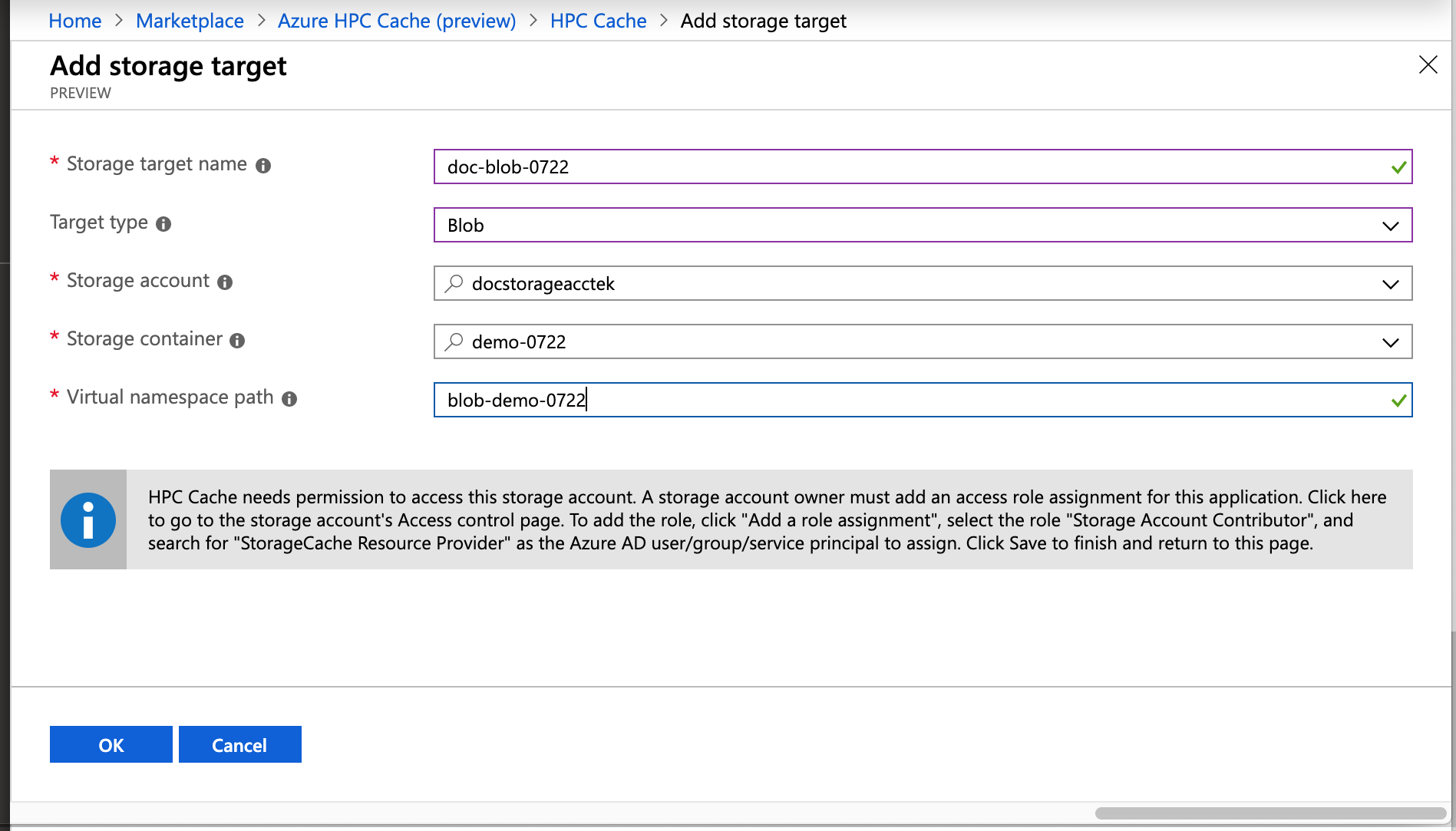 screenshot of blob storage target creation form