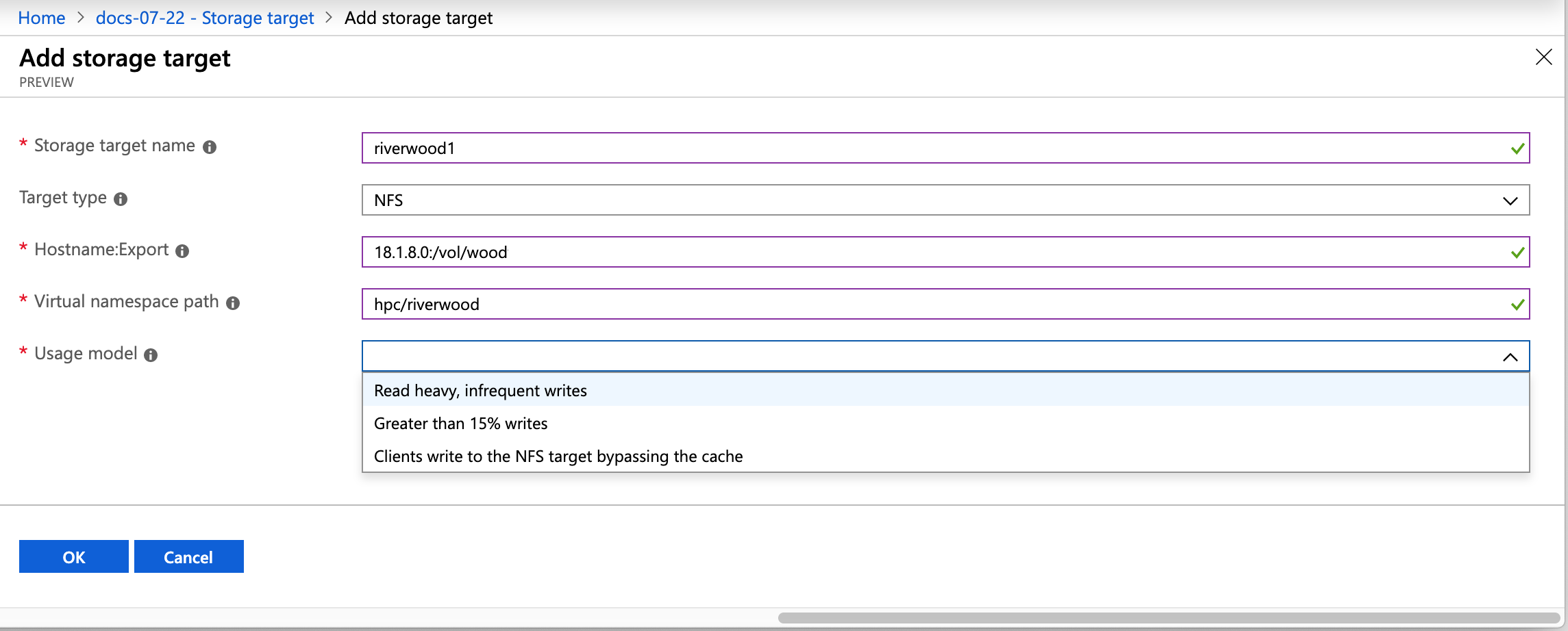 screenshot of NFS storage target creation form