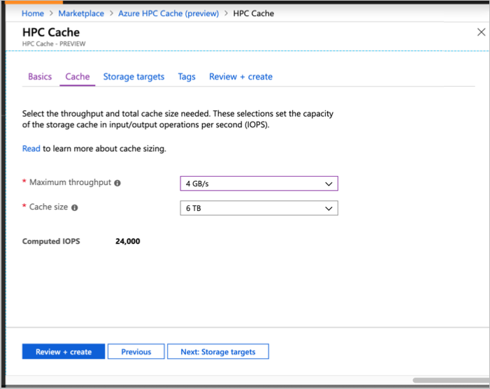 screenshot of cache sizing page