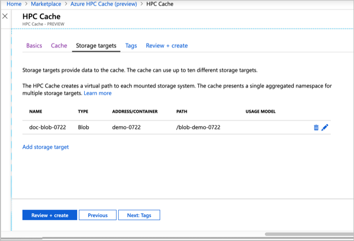 screenshot of storage targets page