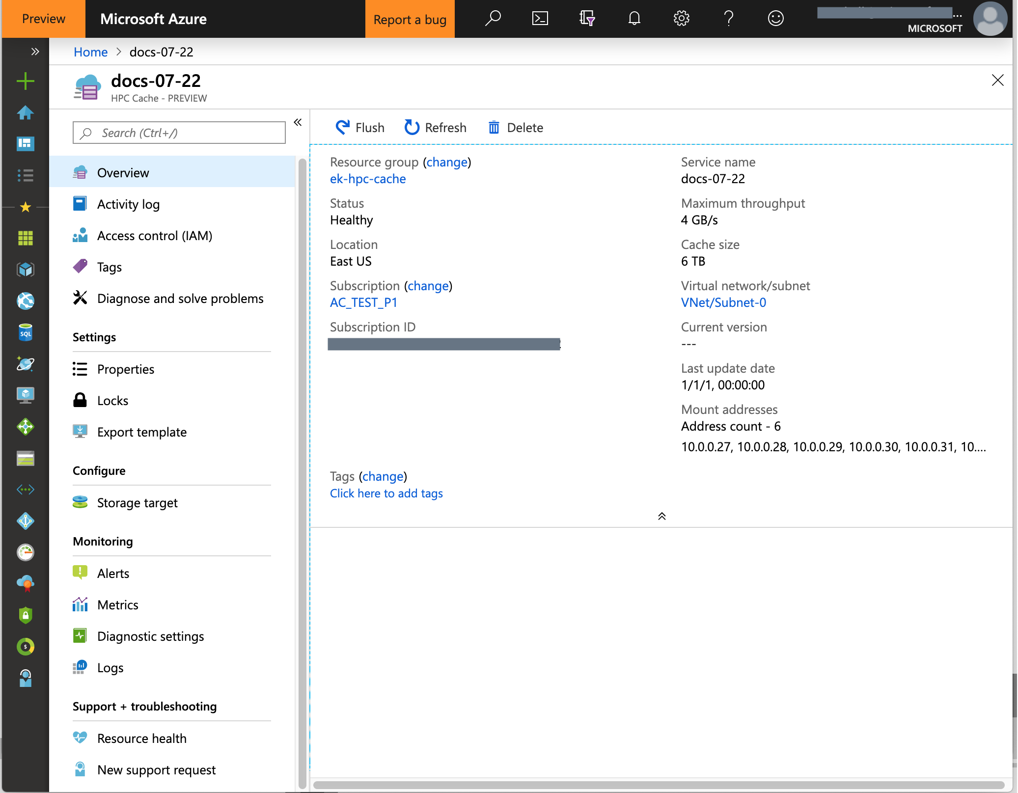 screenshot of Azure HPC Cache instance in Azure portal