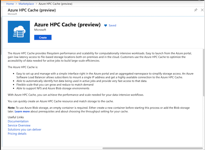 screenshot of cache overview in Azure portal, with create button at the bottom