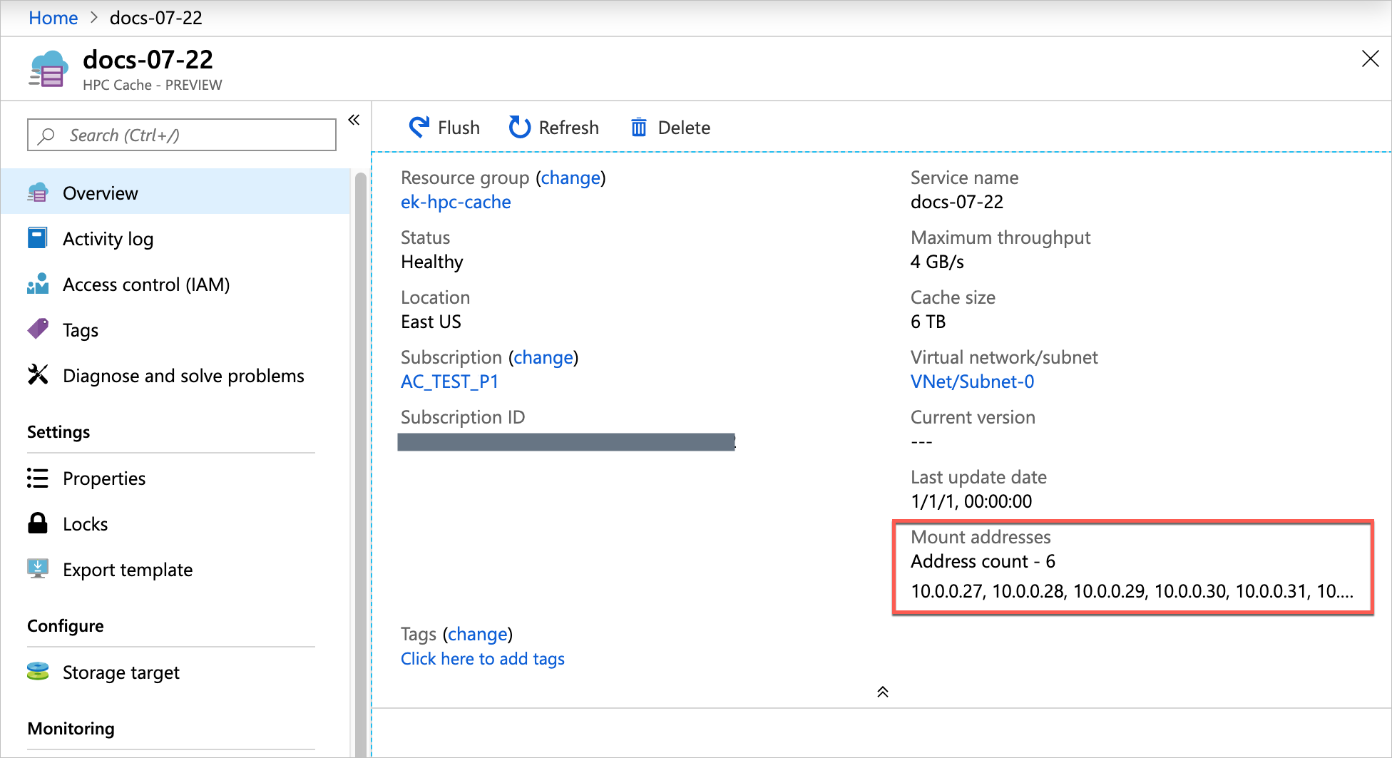 screenshot of Azure HPC Cache instance's Overview page, with a highlight box around the mount addresses list on the lower right