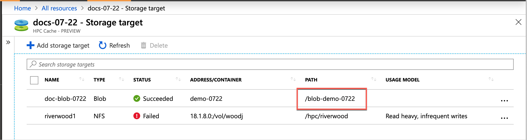 screenshot of the cache's Storage target panel, with a highlight box around an entry in the Path column of the table