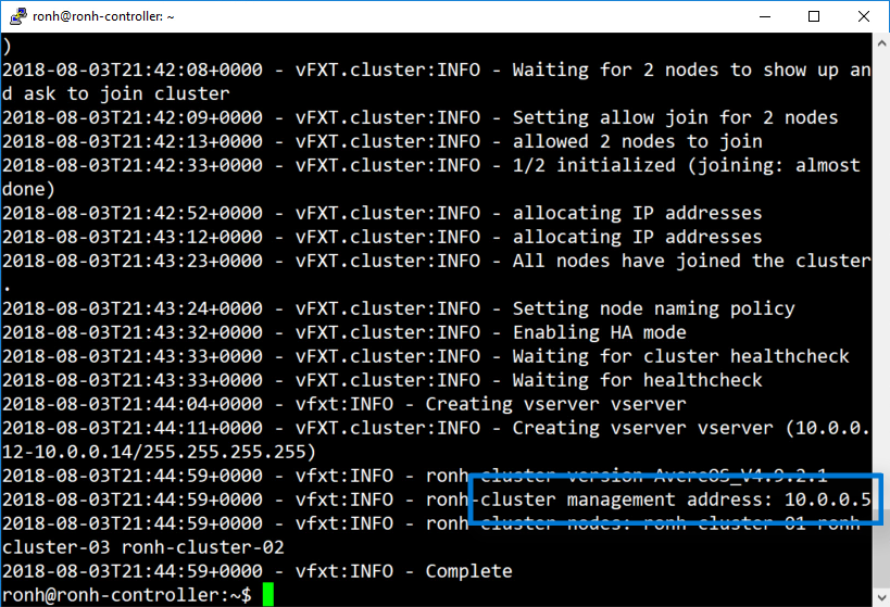 Command line output of the script displaying the management IP address near the end