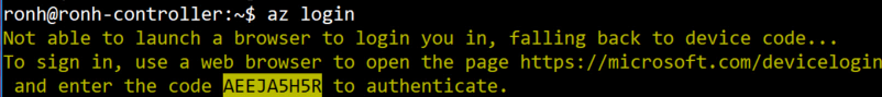 Command line output of the A Z login command displaying the browser link and authentication code