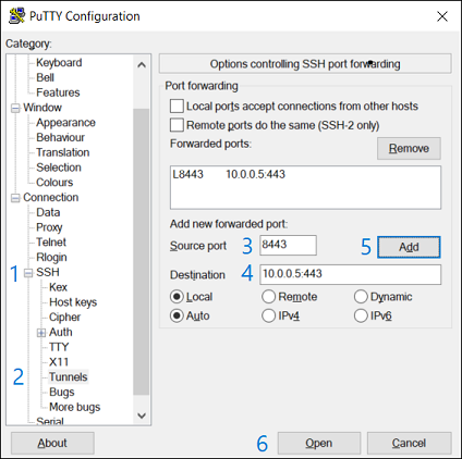 Screenshot of Putty application showing where to click to add a tunnel