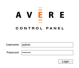 Screenshot of the Avere login page populated with the username admin and a password