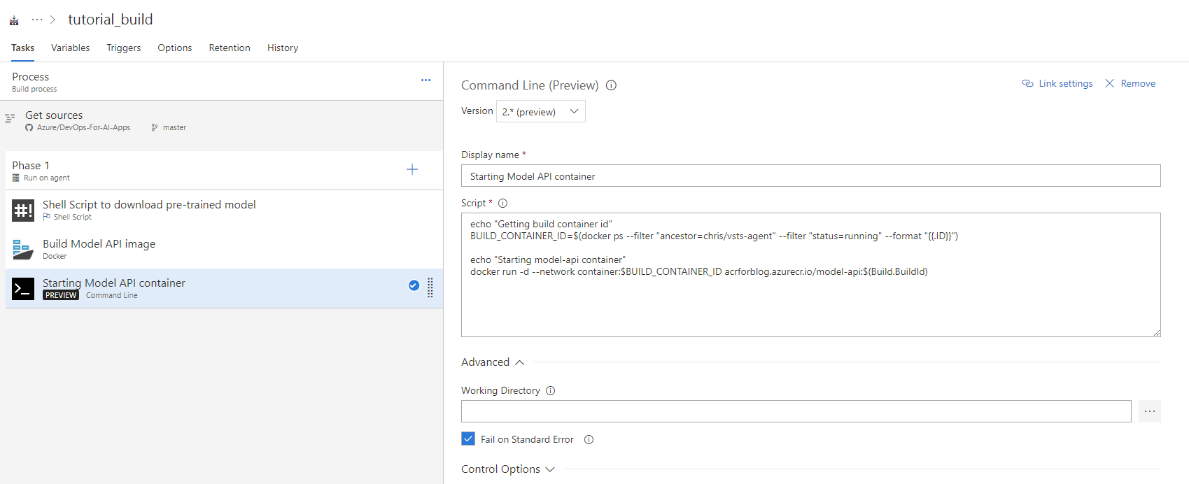 VSTS Starting container