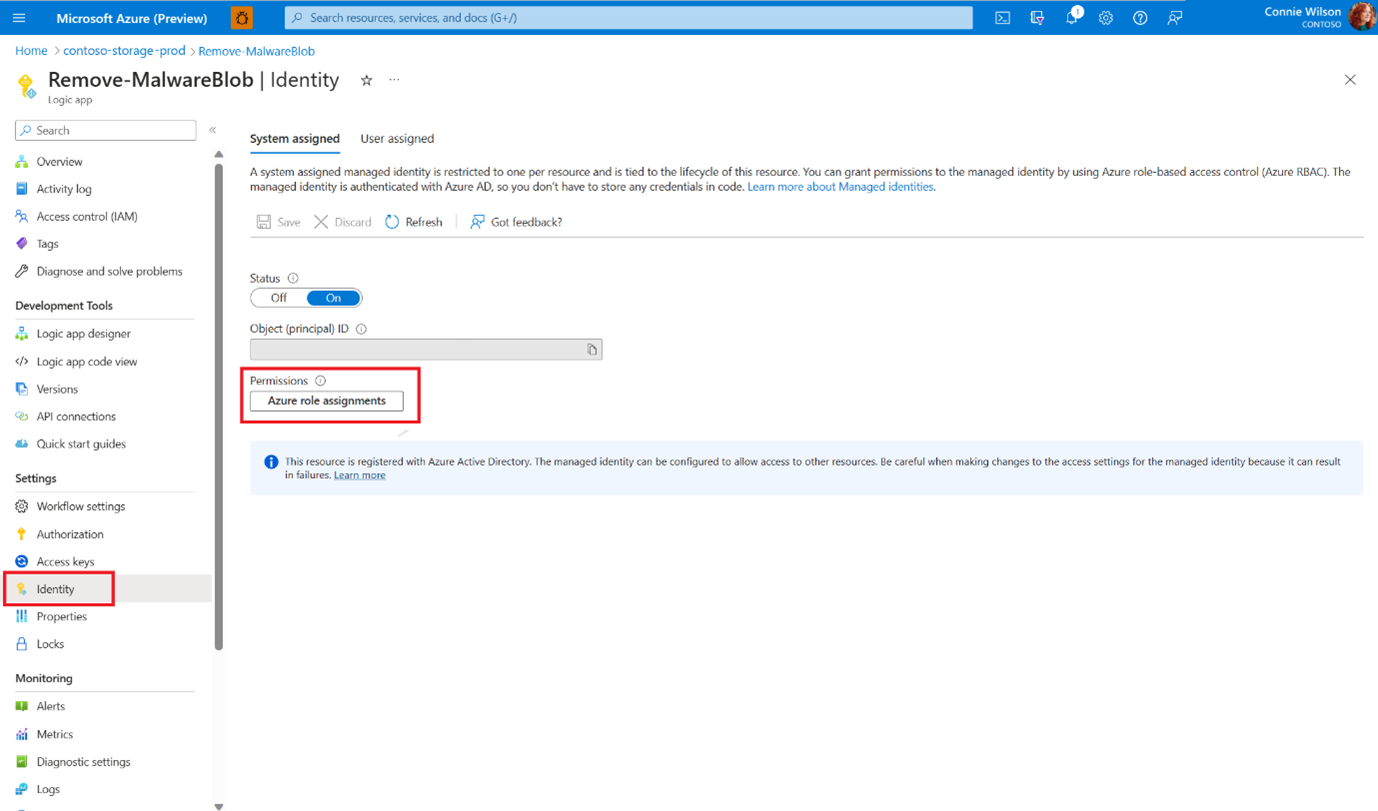 Screenshot that shows how to set up a role assignment for workflow automation to respond to scan results