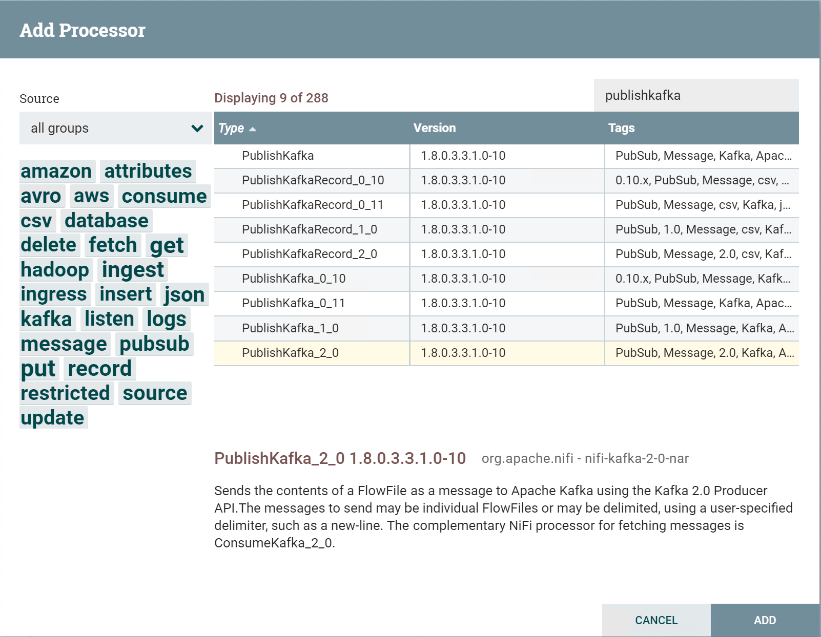 Select Kafka NiFi processor image