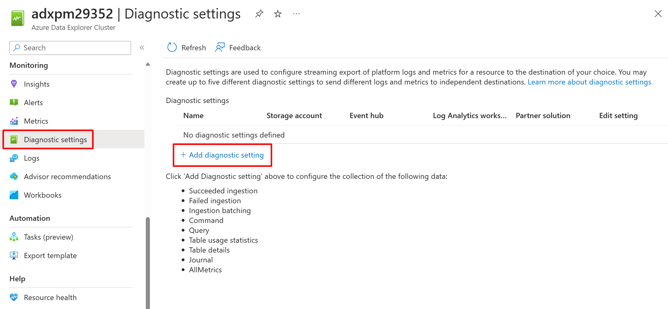 Enable Diagnostic Settings