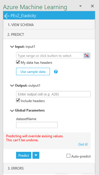 AzureML plugin pane for Elasticity Service