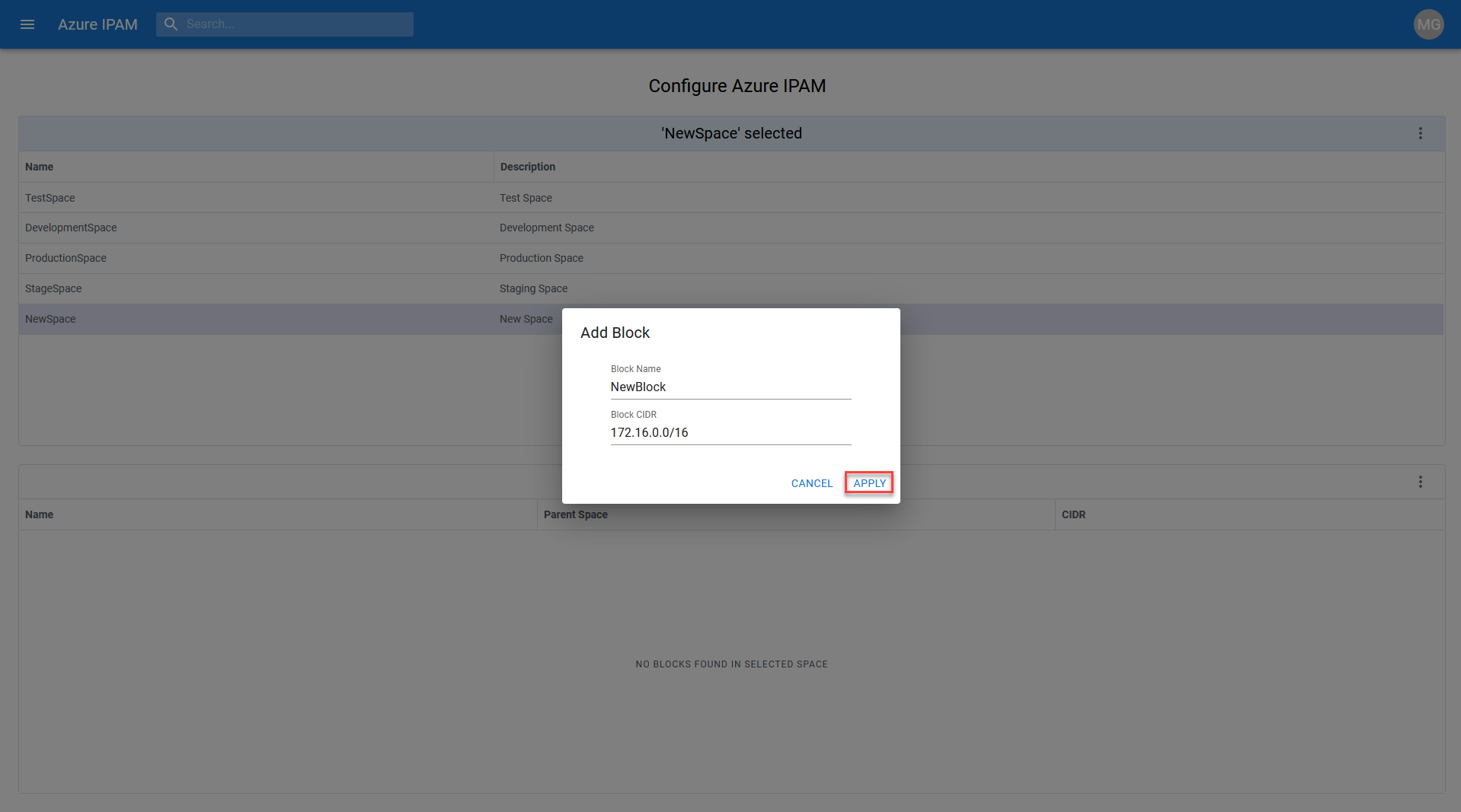 IPAM Add Block Details