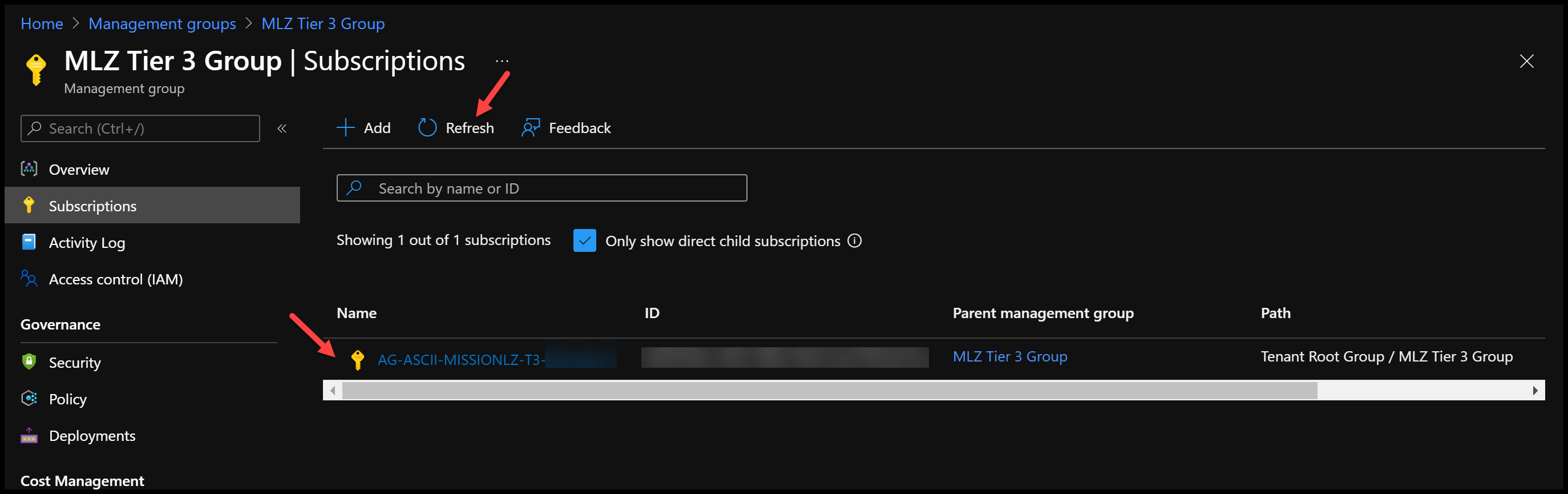 Subscription in management group