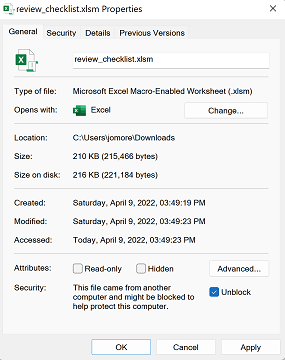 how to unblock a file to run macros