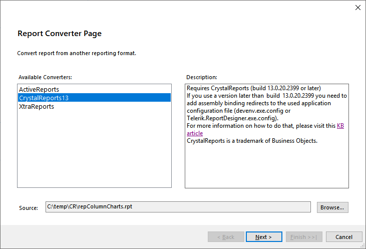 Image of the Report Converter tool showing a list of the available converters, a description of the currently selected converter, and a field for the source of the report definition to convert