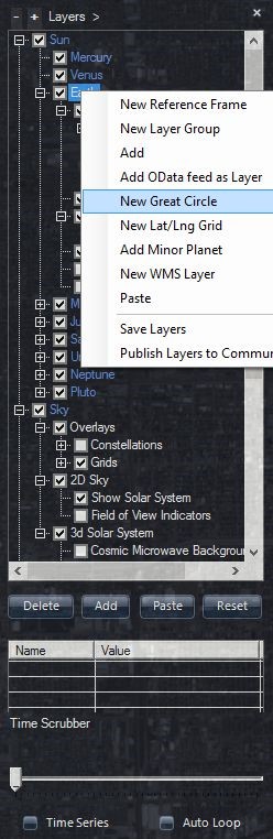 screen shot of right-clicking earth in layer manager and choosing New Great Circle