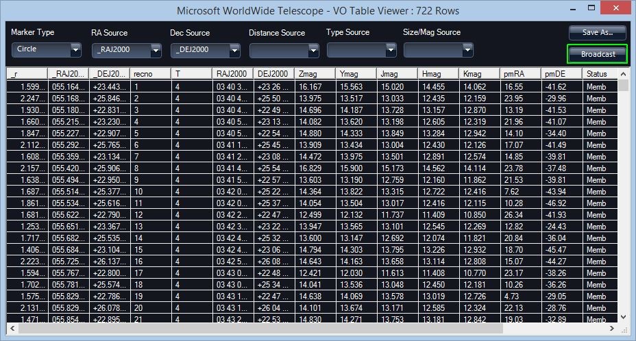 Screen shot of VO Table Viewer