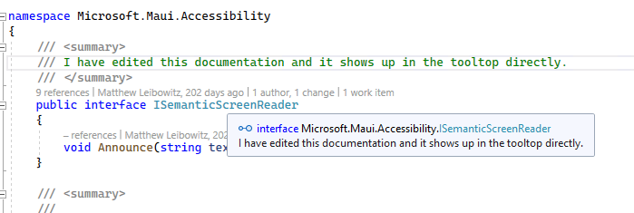 Partial screenshot of the Visual Studio text editor showing comments being edited and changes immediately showing up in the tooltip of the relevant type.