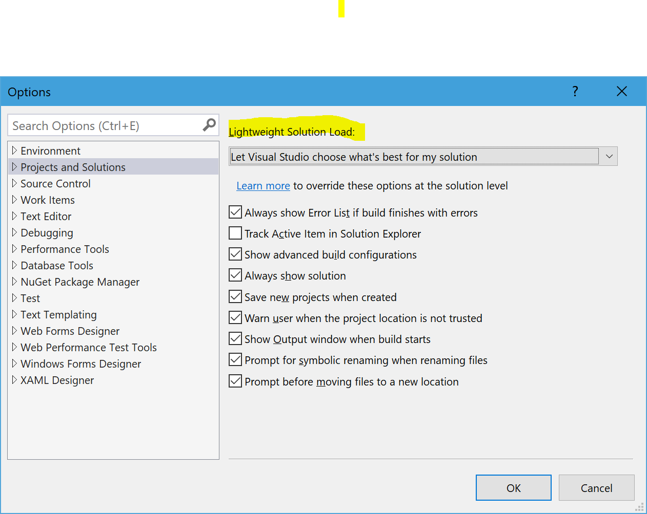 Screenshot of Visual Studio's options page with lightweight solution load highlighted