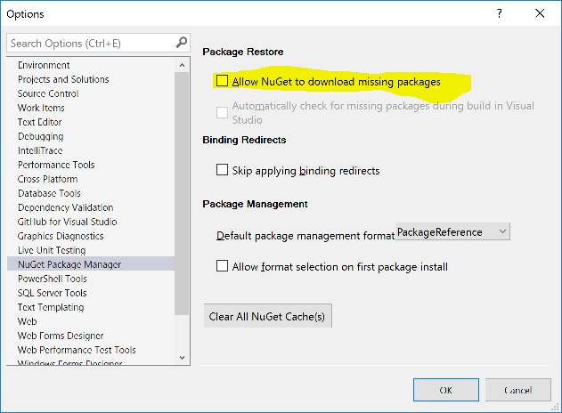 The NuGet package restore option turned off in Visual Studio