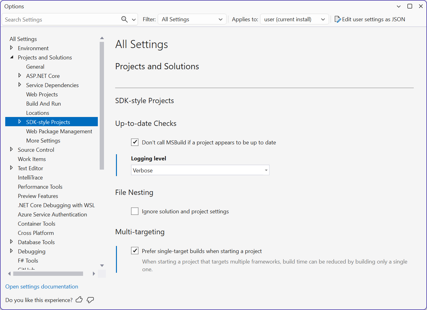 SDK-style project options, in the modern unified settings view