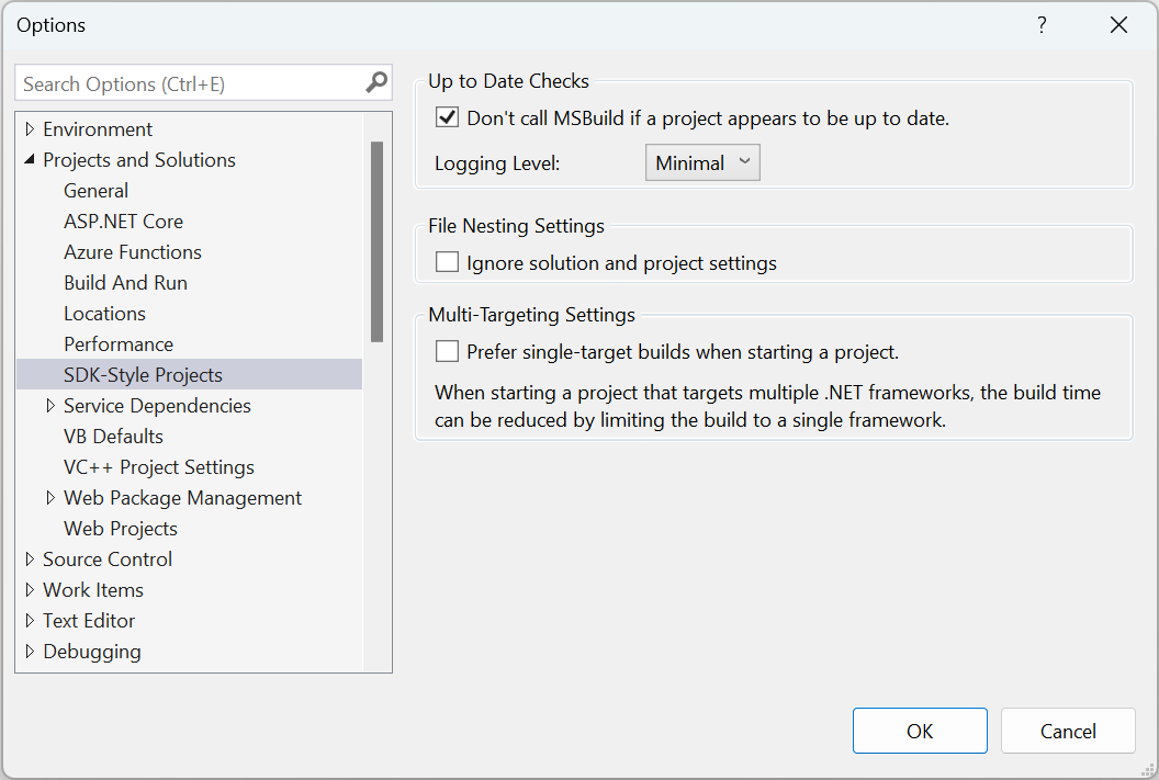 SDK-style project options, in the legacy settings view