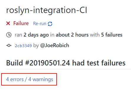 GitHub Pipeline Details Of Unsuccessful Rosyln-Integration-CI Run