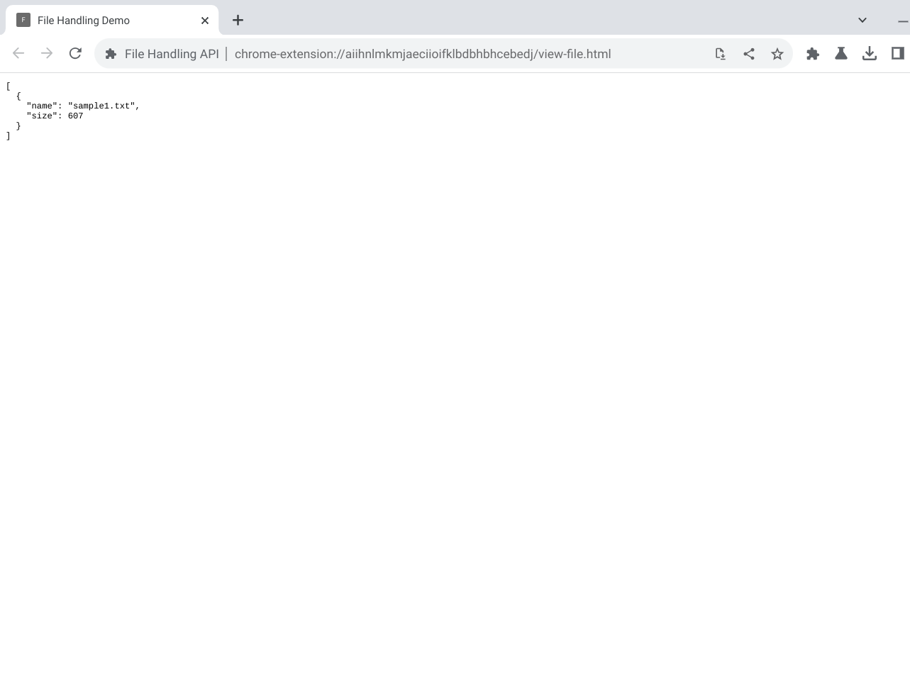 Screenshot showing the File Handling API demo running in Chrome.
