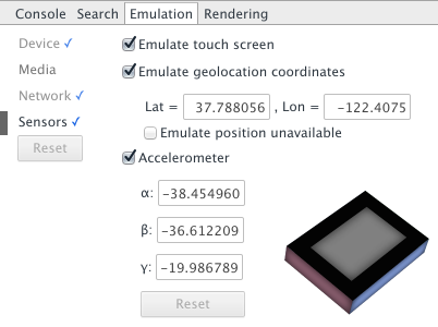 sensors pane in the DevTools emulation drawer