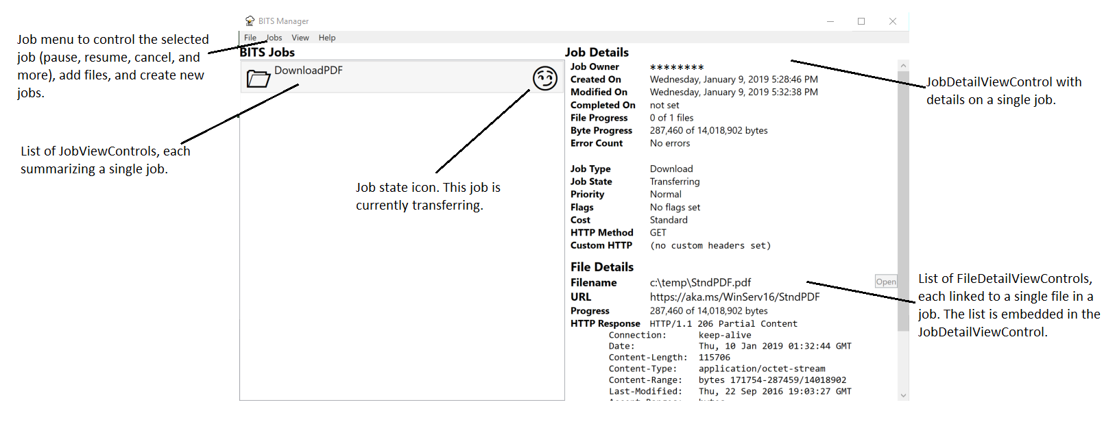 Annotated BITS Manager screen