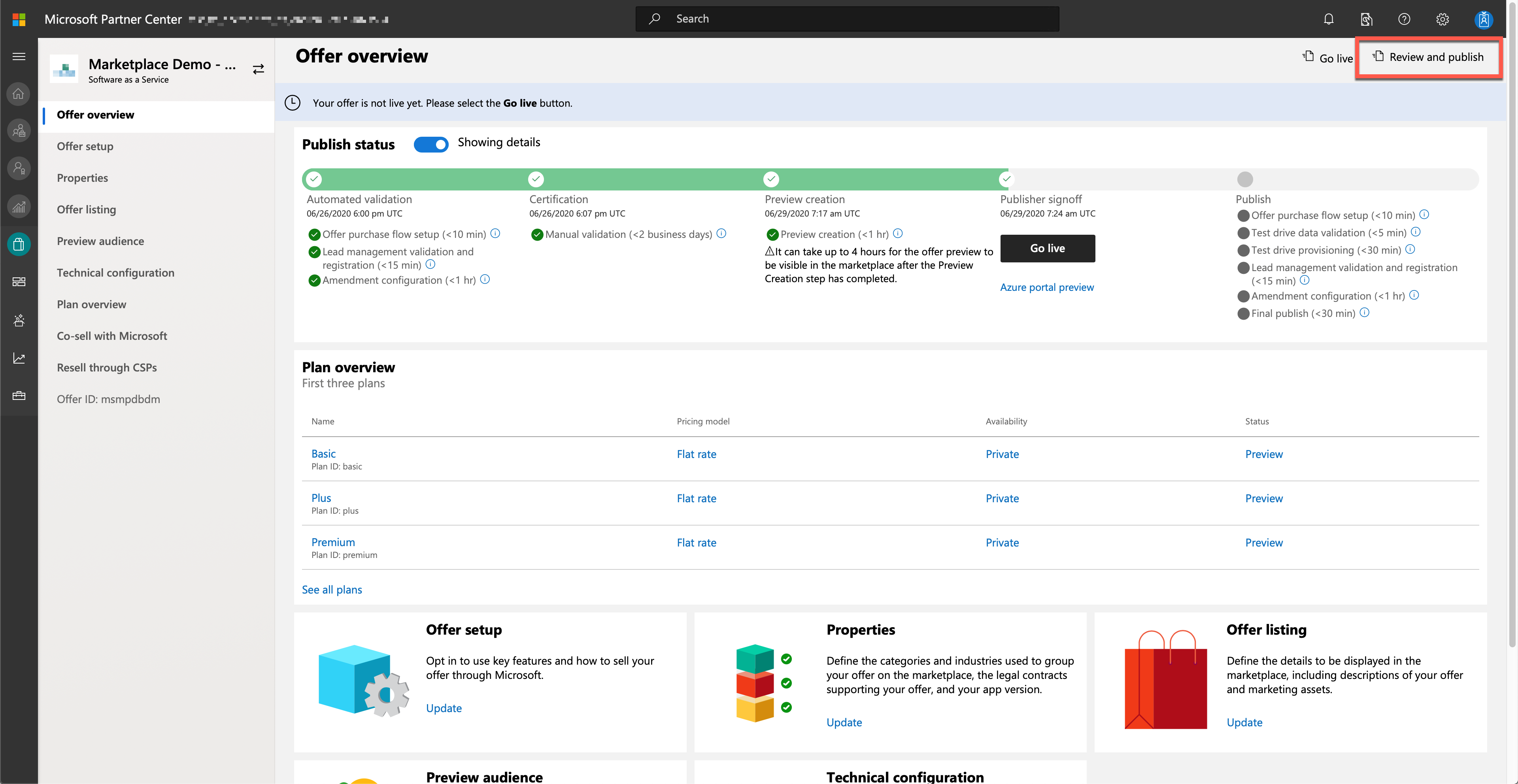 Microsoft Partner Center - Offer Overview - Review and Publish