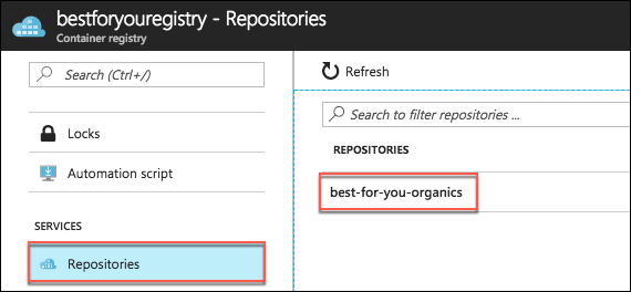 In your Azure Container Registry's repository, Repositories is selected and highlighted under Services, and best-for-you-organics is highlighted under Repositories.