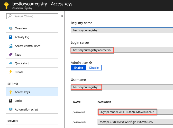 In the Container Registry Access keys blade, the Login Server, Username, and password fields are highlighted.