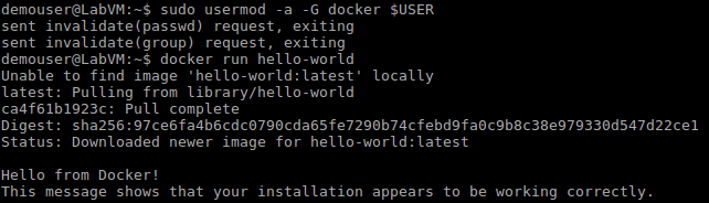 Screenshot of the bash shell command sudo usermod -a pG docker $USER output. Includes output from running the test command, docker run hello-world.