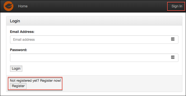In this screenshot of the starter application, Sign In is highlighted at the top, and the Register button is highlighted below.