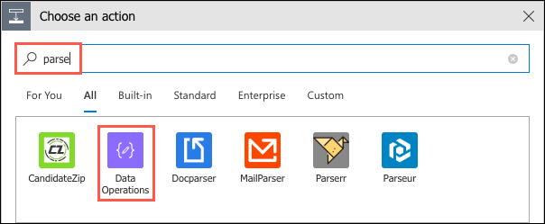 In the When there are messages in a queue dialog box, Parse is in the Choose an action box and Data Operations below in the list.