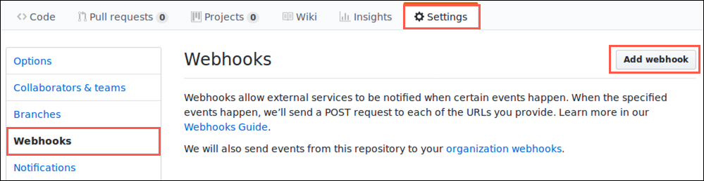 Webhooks is highlighted on the left-hand menu, and Add webhook is highlighted at the top.