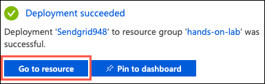 The Go to resource button is highlighted in the SendGrid deployment notification.