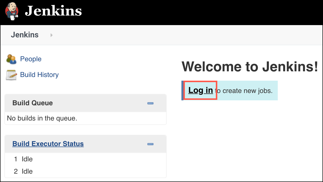 The Log in link is highlighted on the Welcome to Jenkins dialog.