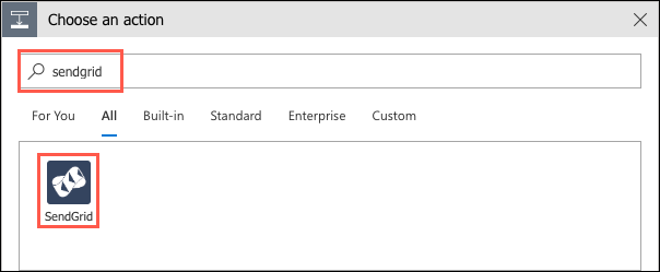 SendGrid is entered into the search box, and the SendGrid connection is highlighted under connectors.