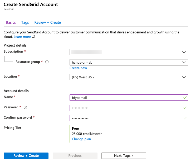 The SendGrid configuration values specified above are entered into the create a new SendGrid account blade.