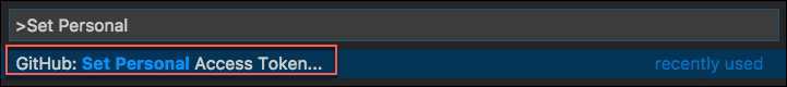 The VS Code command palette displays Set Personal text in the textbox and the GitHub: Set Personal Access Token item is selected in the suggested commands list.