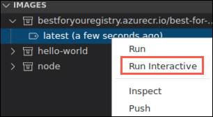 The image is selected in the Images area of the Docker extension explorer, and Run Interactive is highlighted in the shortcut menu.