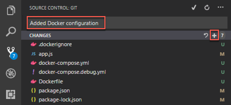 Added Docker configuration is highlighted in the SOURCE CONTROL: GIT pane, and the plus sign (+) next to CHANGES is highlighted on the right.