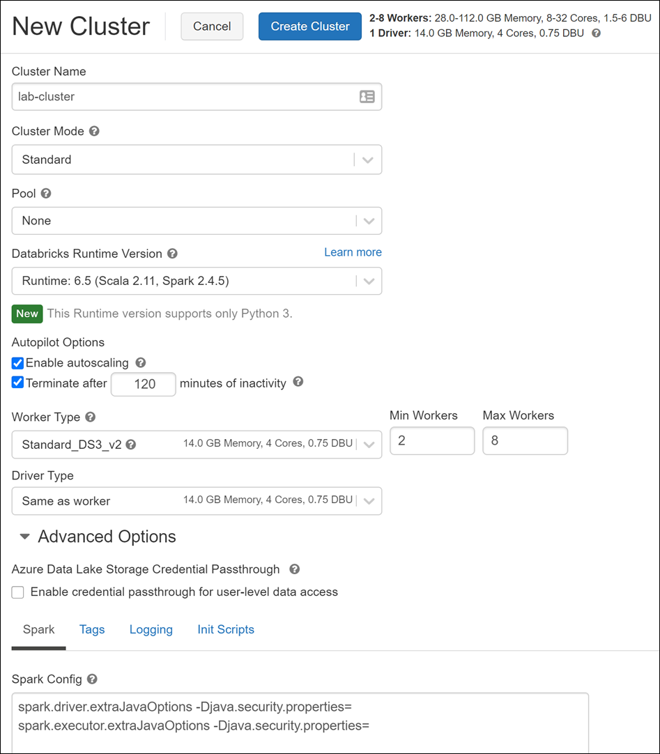 The Create Cluster screen is displayed, with the values specified above entered into the appropriate fields.