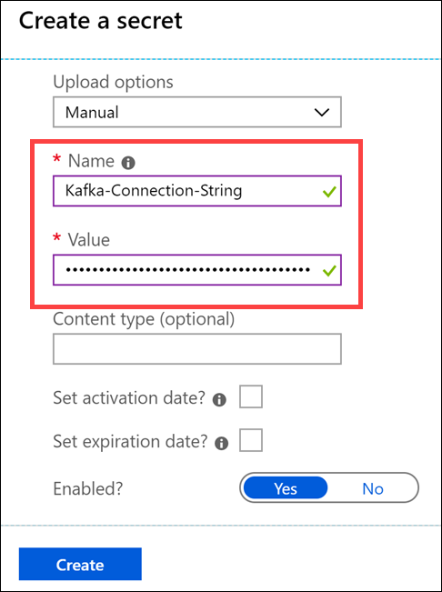 The Create a secret form is displayed with the previously defined field values.