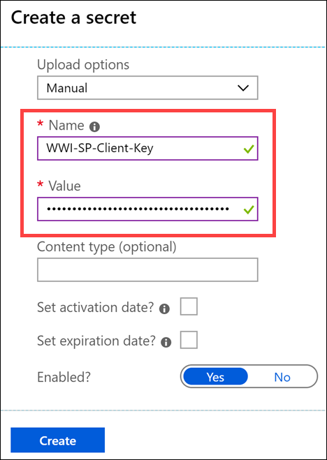 The Create a secret blade is displayed, with the previously mentioned values entered into the appropriate fields.